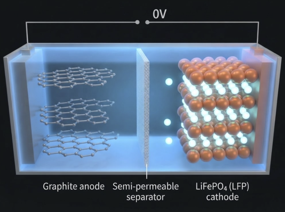Resting state of an LFP cell, showing the cathode full of lithium and the empty graphite anode