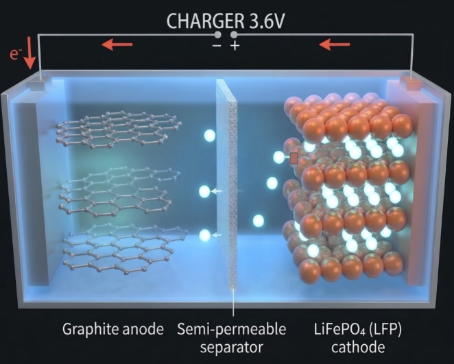 Charging state of an LFP cell — lithium ions de-intercalating from the cathode