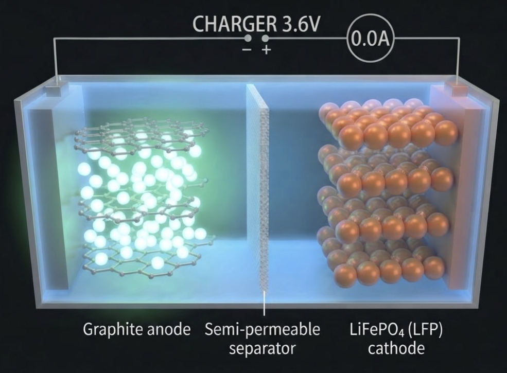 Fully charged state of an LFP cell, with lithium ions settled in the graphite anode