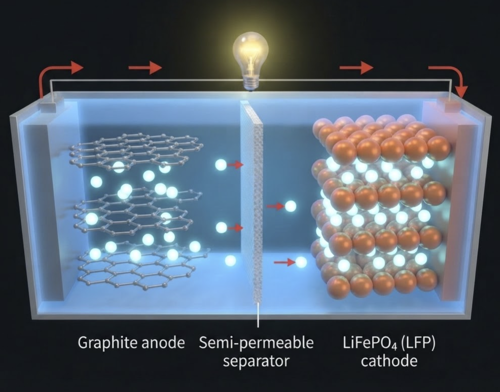 Discharging state of an LFP cell, with lithium ions travelling back to the cathode