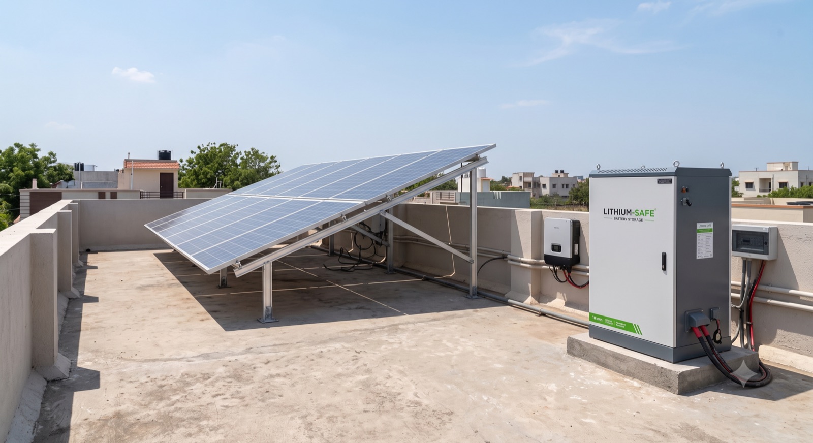 A residential lithium battery storage cabinet installed beside a rooftop solar array in India